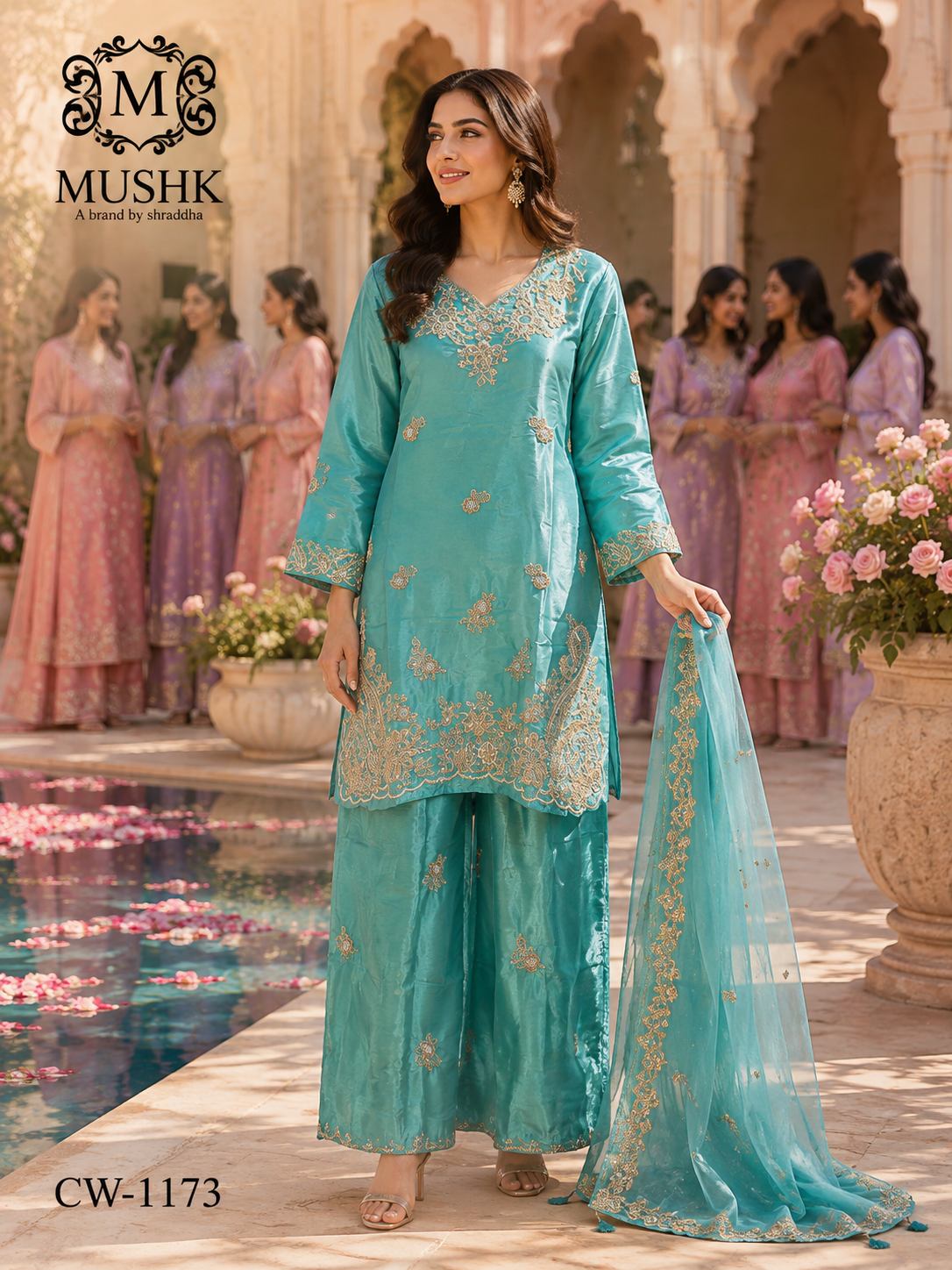 CW 1173 aqua embroidered suit